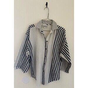 Vintage 80s Federico Lightweight Cotton Button Down Mixed Print Navy Strip Shirt